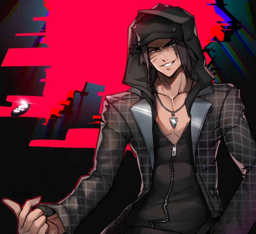 1boy, alex_(cerealex), badge, bare_pectorals, brown_hair, chain, commentary, dark_skin