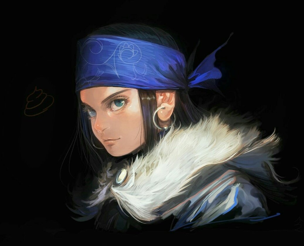 1girl, ainu, ainu_clothes, asirpa, bandana, black_hair, blue_bandana, blue_eyes