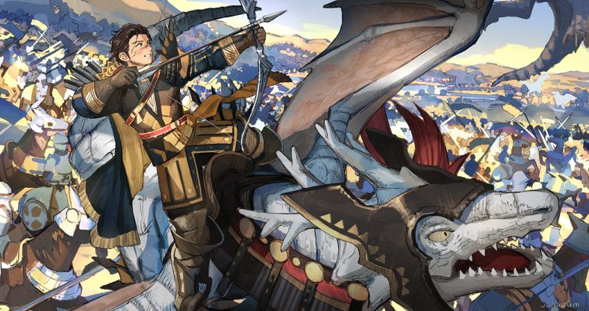 armor, army, arrow_(projectile), battlefield, blood, blood_on_face, bow_(weapon), brown_hair