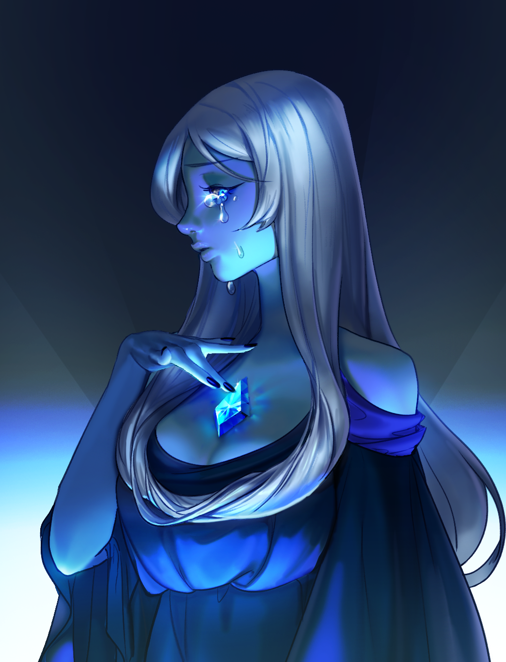 1girl, black_nails, blue_diamond_(steven_universe), blue_dress, blue_eyes, blue_skin, blue_theme, breasts, chest_jewel, cleavage, colored_skin, crying, dress, eunjya4632, gem, highres, long_hair, medium_breasts, nail_polish, silver_hair, simple_background, solo, steven_universe, tears, upper_body
