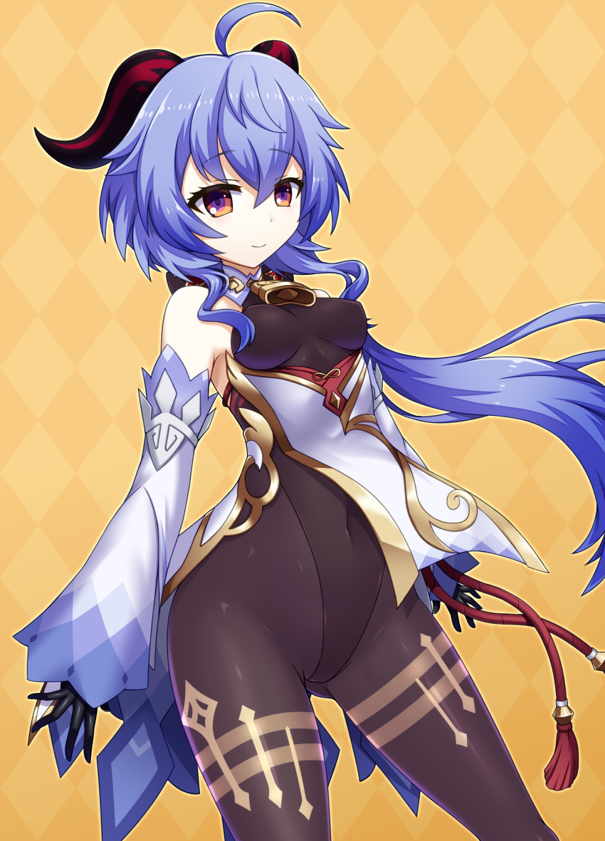 1girl, absurdres, ahoge, bare_shoulders, bell, black_leotard, black_pantyhose, breasts, covered_navel, cowbell, detached_sleeves, entenca, ganyu_(genshin_impact), genshin_impact, gloves, highleg, highleg_leotard, highres, horns, jewelry, leotard, leotard_under_clothes, long_sleeves, low_ponytail, neck_bell, pantyhose, ponytail, purple_eyes, purple_hair, small_breasts, smile, solo, thighlet, thighs, wide_sleeves