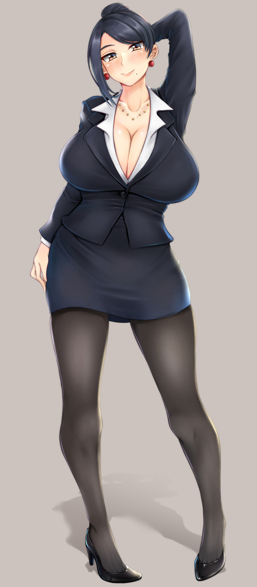 1girl, absurdres, bijin_onna_joushi_takizawa-san, black_footwear, black_hair, black_jacket, black_pantyhose, black_skirt, breasts, brown_eyes, business_suit, collared_shirt, dress_shirt, earrings, formal_clothes, full_body, hair_bun, high_heels, highres, huge_breasts, jacket, jewelry, mature_female, miniskirt, mole, mole_under_mouth, necklace, office_lady, pantyhose, pearl_necklace, pencil_skirt, shirt, siki2046, single_hair_bun, skirt, skirt_suit, solo, standing, suit, takizawa_kyouko, white_shirt