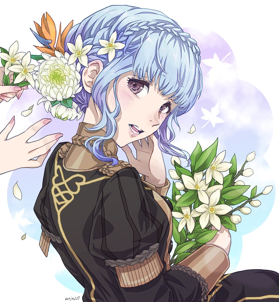1girl, back, blue_hair, blush, bouquet, braid, breasts, buttons
