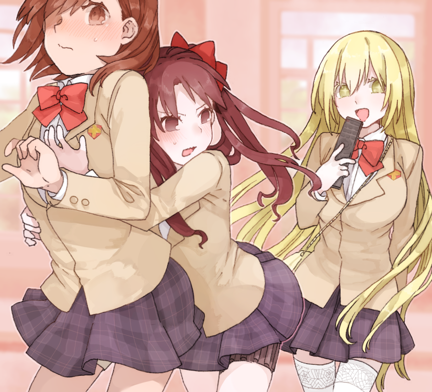 3girls, :d, bag, blazer, blonde_hair, blush, bob_cut, bow