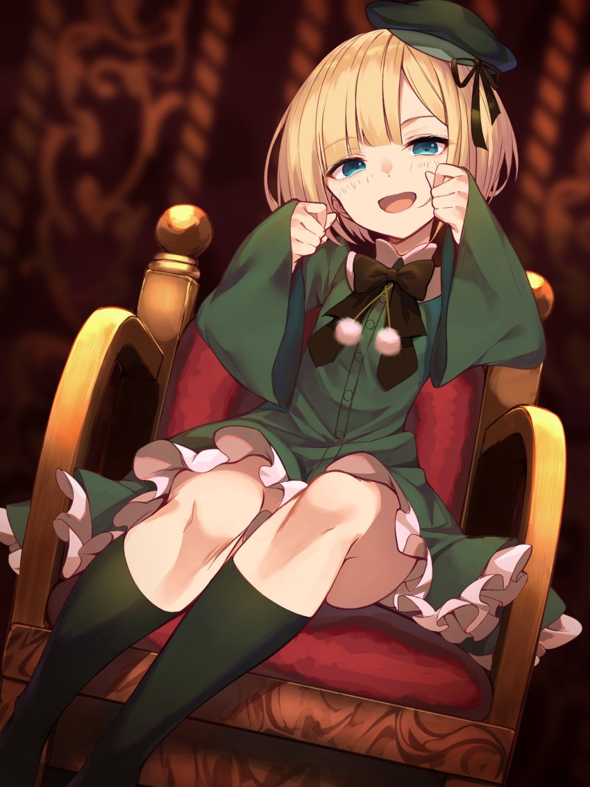 1girl, :d, absurdres, aged_down, amagasa_yun, armchair, black_bow, black_ribbon, blonde_hair, blush, bow, chair, commentary_request, dress, dutch_angle, fate/grand_order, fate_(series), frilled_dress, frills, green_dress, green_hat, green_socks, hands_up, hat, head_tilt, highres, kneehighs, long_sleeves, looking_at_viewer, lord_el-melloi_ii_case_files, newsboy_cap, on_chair, open_mouth, pom_pom_(clothes), reines_el-melloi_archisorte, reines_el-melloi_archisorte_(young), ribbon, short_hair, sitting, sleeves_past_wrists, smile, socks, solo, tilted_headwear, wide_sleeves