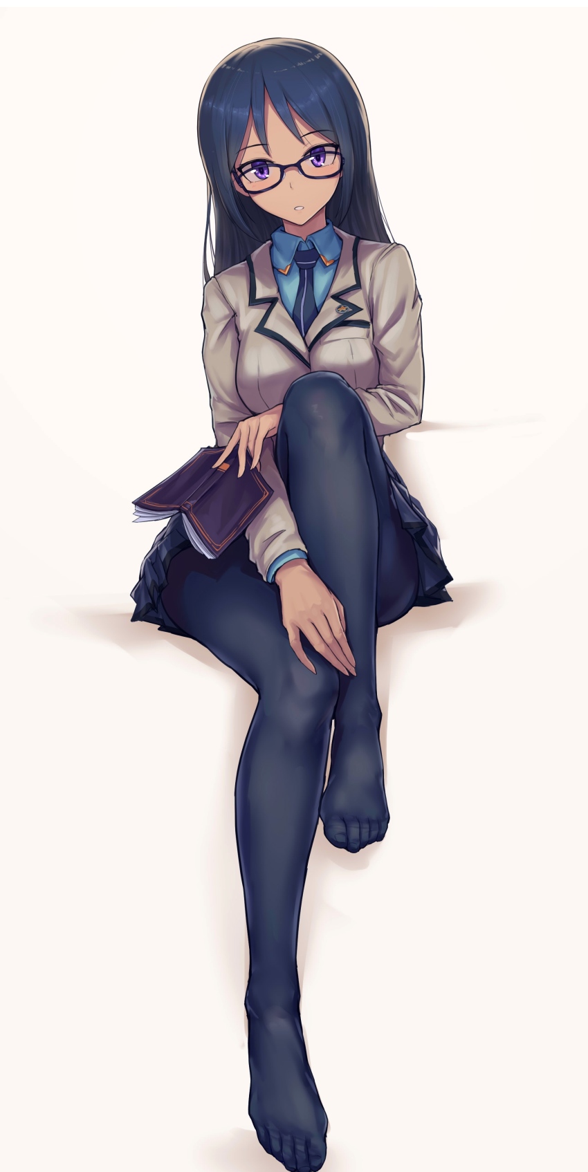 1girl, absurdres, alice_gear_aegis, aomoro, bad_id, bad_pixiv_id, black-framed_eyewear, black_neckwear, blazer, blue_eyes, blue_hair, book, feet, glasses, highres, holding, holding_book, jacket, long_hair, looking_at_viewer, momoshina_fumika, pantyhose, school_uniform, serafuku, sitting, skirt, toes, white_background