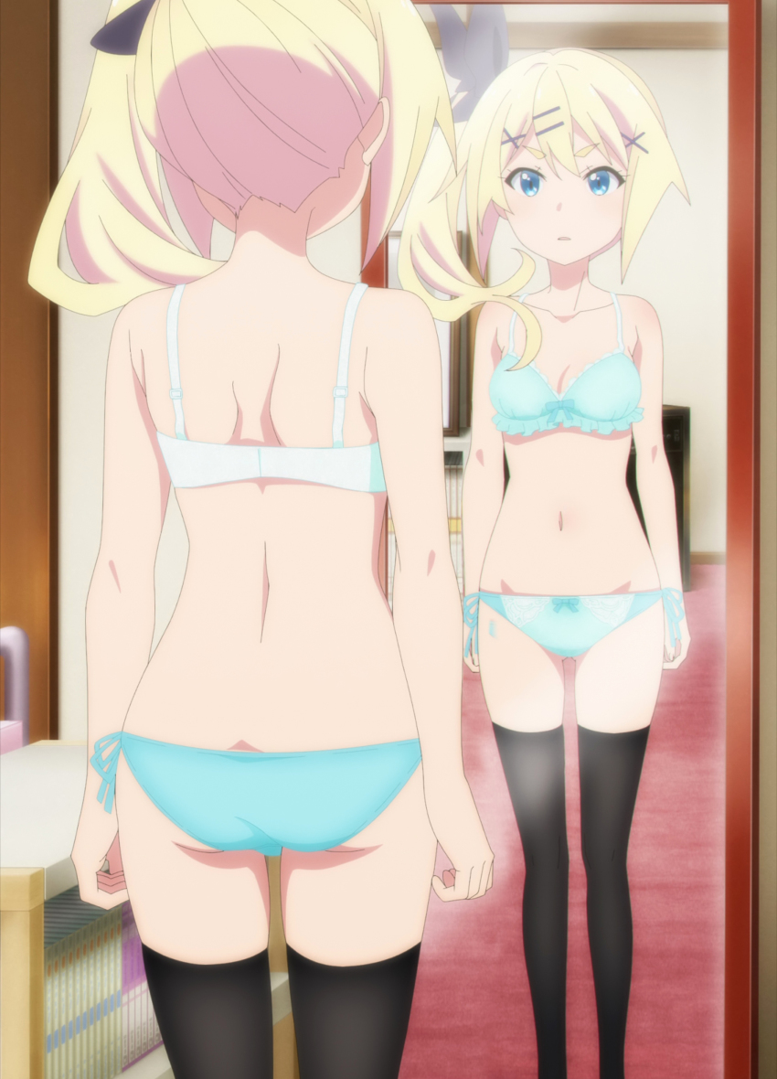 1girl, absurdres, ass, black_thighhighs, blonde_hair, blue_bra, blue_eyes, blush