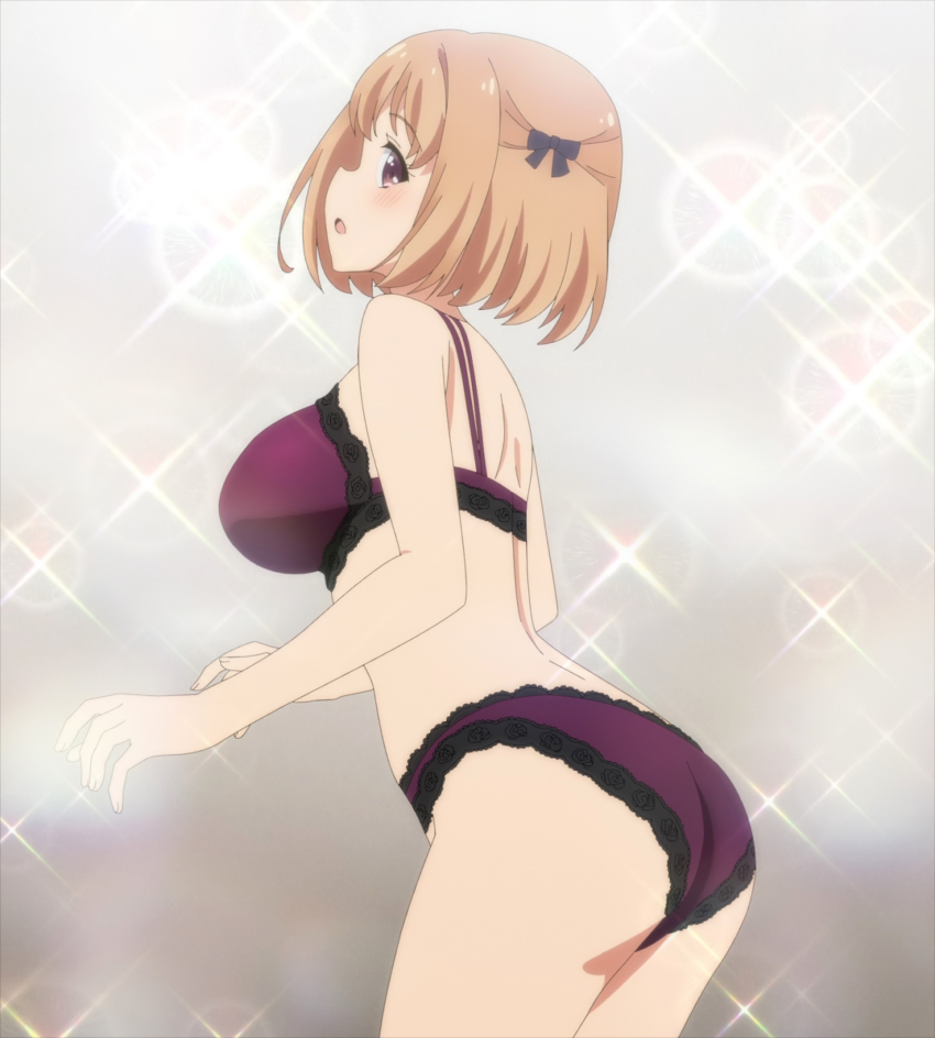 1girl, ass, blush, bra, breasts, brown_hair, highres, large_breasts