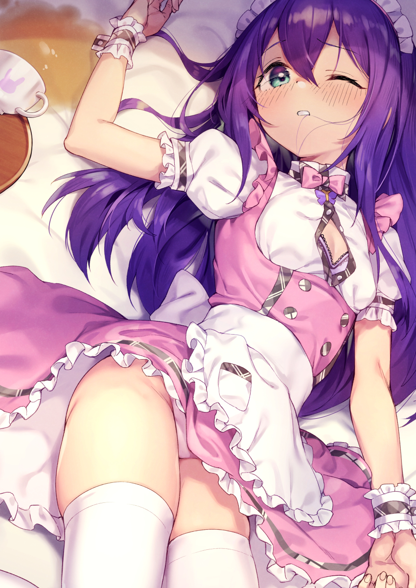 1girl, absurdres, animal_print, apron, bed_sheet, blush, bow, bra, breasts, buttons, cleavage, cup, double-breasted, frilled_apron, frills, green_eyes, hair_between_eyes, hair_spread_out, highres, huge_filesize, idolmaster, idolmaster_million_live!, idolmaster_million_live!_theater_days, long_hair, looking_at_viewer, lying, maid_headdress, mochizuki_anna, on_back, one_eye_closed, panties, parted_lips, pink_bow, pink_panties, pink_skirt, pretty_waitress_(idolmaster), puffy_short_sleeves, puffy_sleeves, purple_hair, rabbit_print, shennai_misha, short_sleeves, skindentation, skirt, small_breasts, solo, spill, tea, teacup, teeth, thighhighs, underwear, waist_apron, white_apron, white_thighhighs, wrist_cuffs