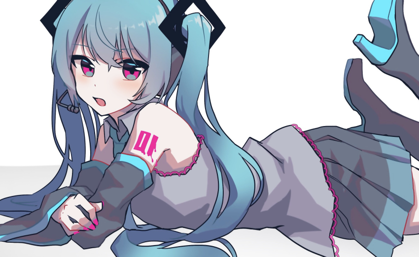 alternate_eye_color, aqua_hair, aqua_necktie, bare_shoulders, black_skirt, black_sleeves, commentary, crossed_arms