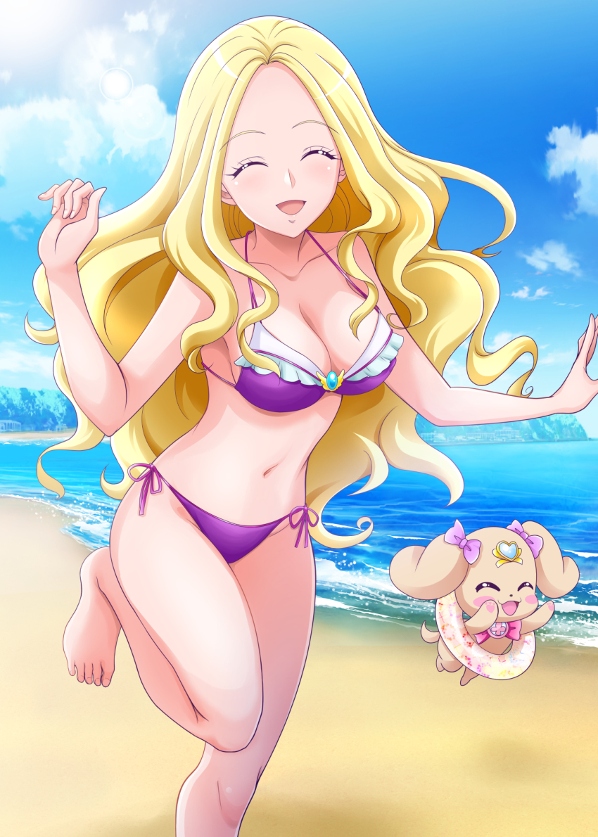 1girl, :d, barefoot, beach, bikini, blonde_hair, blue_sky, breasts, cleavage, closed_eyes, cloud, collarbone, day, facing_viewer, floating_hair, fuurin_asumi, hanzou, healin'_good_precure, highres, innertube, latte_(precure), leg_up, long_hair, medium_breasts, navel, ocean, open_mouth, outdoors, parted_bangs, precure, purple_bikini, running, side-tie_bikini_bottom, sideboob, sky, smile, solo, summer, swim_ring, swimsuit, very_long_hair