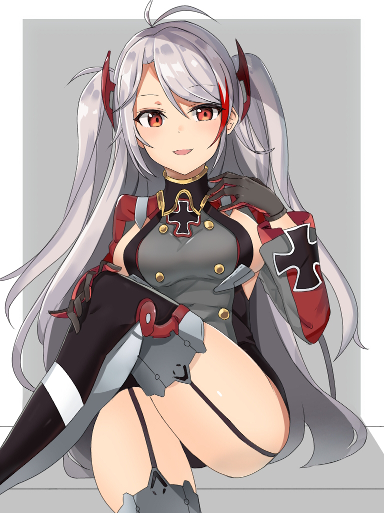 1girl, ahoge, asymmetrical_bangs, azur_lane, black_gloves, black_thighhighs, breasts, buttons, commentary, cross, crossed_legs, double-breasted, garter_straps, gloves, grey_background, grey_shirt, headpiece, iron_cross, long_hair, looking_at_viewer, medium_breasts, multicolored_hair, open_mouth, parted_bangs, prinz_eugen_(azur_lane), red_eyes, red_hair, shirt, shrug_(clothing), silver_hair, simple_background, sitting, smile, solo, streaked_hair, thighhighs, thighs, tsukikaze_aki, two-tone_hair, two_side_up