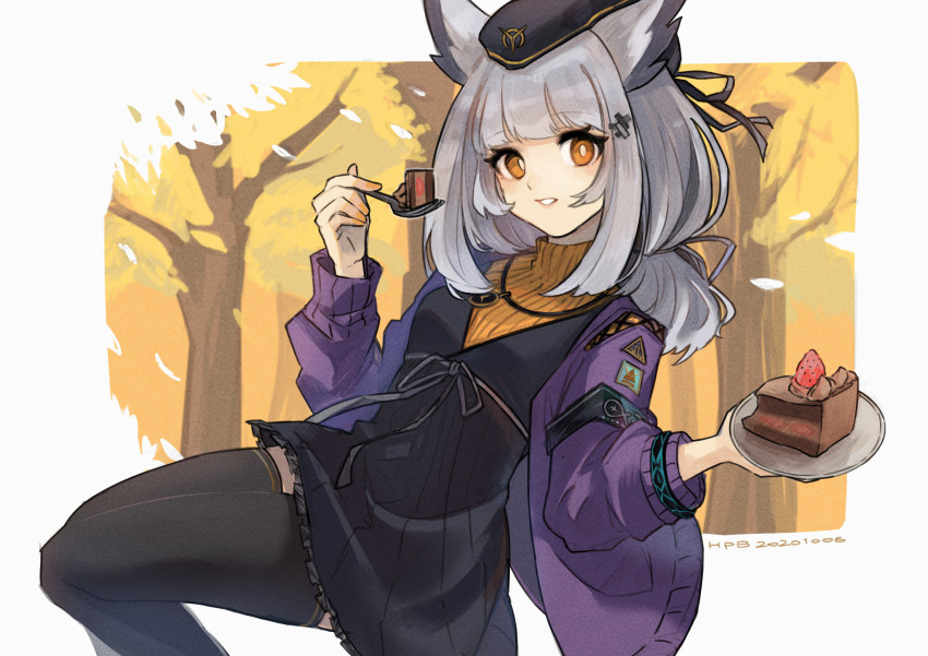 1girl, arknights, black_dress, black_hat, black_thighhighs, blunt_bangs, breasts, cake