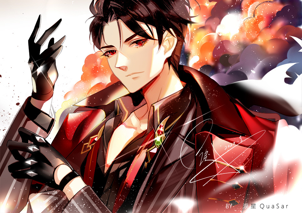 1boy, artist_name, black_gloves, black_hair, black_vest, dated, glint, gloves, hand_up, hands_up, hyosung, jacket, jacket_on_shoulders, male_focus, red_jacket, the_tale_of_food, simple_background, solo, upper_body, vest