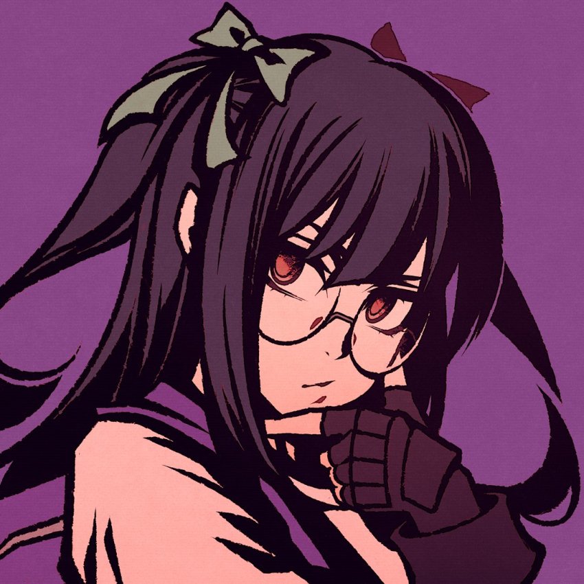 1girl, black_hair, bow, fingerless_gloves, glasses, gloves, hood, hoodie