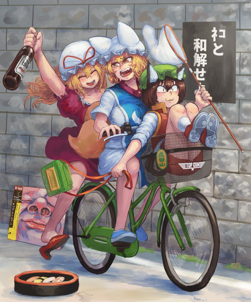 3girls, :3, :d, ^_^, absurdres, animal_ears, animal_hat, arm_up, bare_arms, bare_legs, basket, bicycle, bicycle_basket, blonde_hair, blue_footwear, bottle, brown_hair, butterfly_net, cat_ears, cat_tail, chanta_(ayatakaoisii), chen, christ_signboard, closed_eyes, closed_mouth, collared_vest, dress, driving, fang, floating_hair, fox_ears, fox_tail, full_body, green_headwear, hair_between_eyes, hand_net, hat, hat_ribbon, high_collar, high_heels, highres, holding, holding_bottle, in_basket, in_container, in_the_court_of_the_crimson_king, king_crimson, knees_up, long_hair, long_sleeves, looking_afar, looking_at_another, looking_back, mob_cap, multiple_girls, multiple_riders, multiple_tails, net, open_mouth, orange_eyes, outstretched_arm, puffy_short_sleeves, puffy_sleeves, purple_dress, red_footwear, red_ribbon, red_skirt, red_vest, ribbon, shirt, shoe_soles, shoes, short_dress, short_hair, short_sleeves, skirt, skirt_set, sleeves_rolled_up, slit_pupils, smile, socks, tabard, tail, touhou, translated, two_tails, vest, wall, white_dress, white_legwear, white_shirt, yakumo_ran, yakumo_yukari, |d