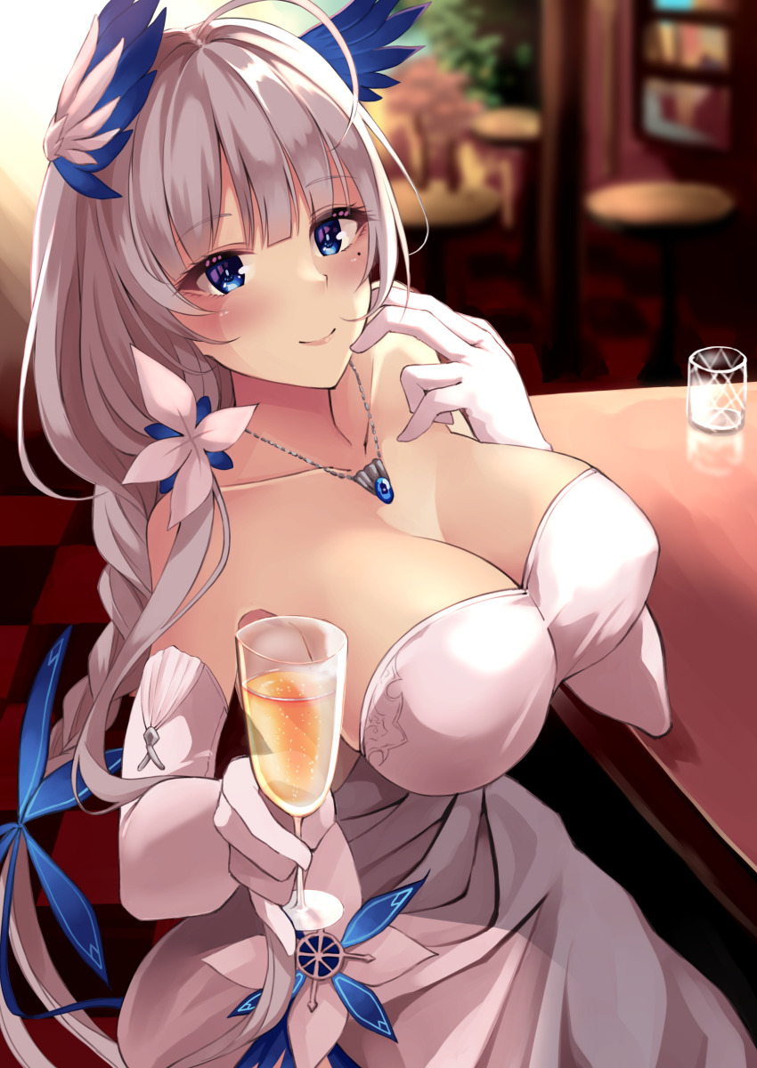 1girl, absurdres, azur_lane, bare_shoulders, blue_eyes, blue_gem, breasts, champagne_flute