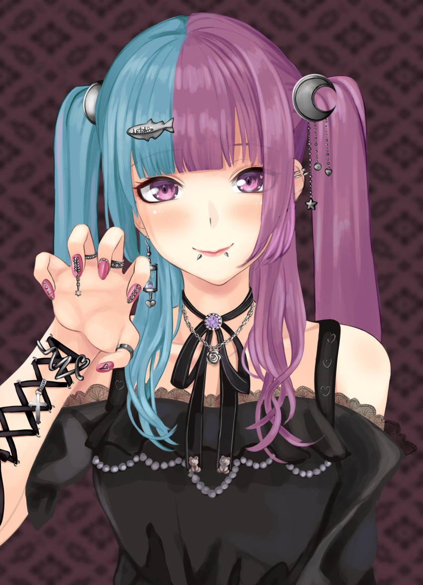 1girl, absurdres, black_dress, black_ribbon, blue_hair, blunt_bangs, blush, breasts, brooch, choker, claw_pose, closed_mouth, commentary_request, corset_piercing, crescent, crescent_hair_ornament, cross, dark_background, dress, earrings, face_piercing, fingernails, hair_ornament, head_tilt, heart, highres, jewelry, lip_piercing, long_hair, looking_at_viewer, medium_breasts, multicolored_hair, nail_ornament, nail_polish, necklace, off-shoulder_dress, off_shoulder, original, patterned_background, piercing, pink_eyes, pink_hair, pink_nails, ribbon, ribbon_choker, ring, shaketarako, sidelocks, smile, solo, split-color_hair, star_(symbol), twintails, two-tone_hair, upper_body