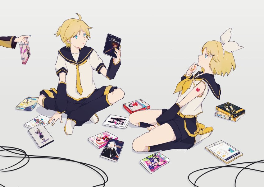 1boy, 2girls, aqua_nails, arm_warmers, bad_id, bad_twitter_id, bass_clef, black_collar, black_shorts, blonde_hair, blouse, blue_eyes, bow, box, cable, collar, commentary, flower_(vocaloid), flower_(vocaloid4), grey_background, hair_bow, hair_ornament, hairclip, hand_on_own_chin, hatsune_miku, highres, holding, holding_box, ia_(vocaloid), ipad, kaai_yuki, kagamine_len, kagamine_len_(append), kagamine_len_(vocaloid4), kagamine_rin, kagamine_rin_(append), kagamine_rin_(vocaloid4), kizuna_akari, leaning_back, leg_warmers, looking_at_another, megurine_luka, multiple_girls, nail_polish, neckerchief, necktie, nekomura_iroha, nekomura_iroha_(vocaloid4), otomachi_una, otomachi_una_(spicy), otomachi_una_(sugar), out_of_frame, ponytail, sailor_collar, school_uniform, shirt, short_hair, short_ponytail, short_shorts, short_sleeves, shorts, sitting, spiked_hair, tablet_pc, thumb_to_chin, treble_clef, vocaloid, vocaloid_append, vocaloid_boxart_pose, vy1, vy2, white_bow, white_shirt, yellow_nails, yellow_neckerchief, yu_uxx