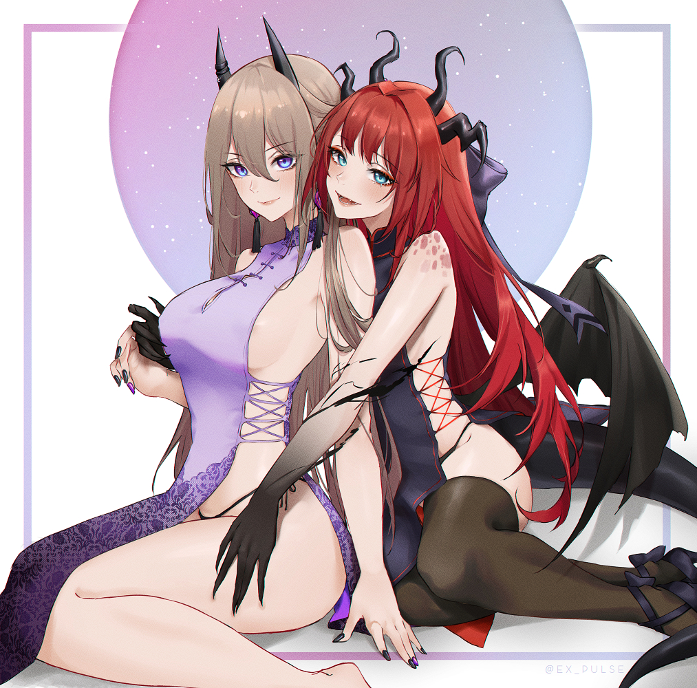 2girls, alternate_hair_color, bare_shoulders, black_legwear, black_panties, blue_eyes, blush, breasts, brown_hair, china_dress, chinese_clothes, dress, expulse, hair_between_eyes, high_heels, horns, kuzuryu_io, large_breasts, long_hair, low_wings, medium_breasts, multiple_girls, nail_polish, open_mouth, original, panties, red_hair, sideboob, sitting, smile, strappy_heels, thighhighs, thighs, underwear, wings, yuri