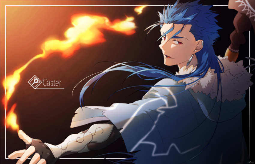1boy, blue_hair, capelet, cu_chulainn_(caster)_(fate), cu_chulainn_(fate), earrings, english_text, fang, fate/grand_order, fate_(series), fire, floating_hair, framed, fuji121, fur-trimmed_hood, fur_trim, hood, hood_down, hooded_capelet, jewelry, long_hair, looking_to_the_side, magic, male_focus, multiple_piercings, open_mouth, pointing, red_eyes, solo, spiked_hair, staff, type-moon, vambraces, wooden_staff