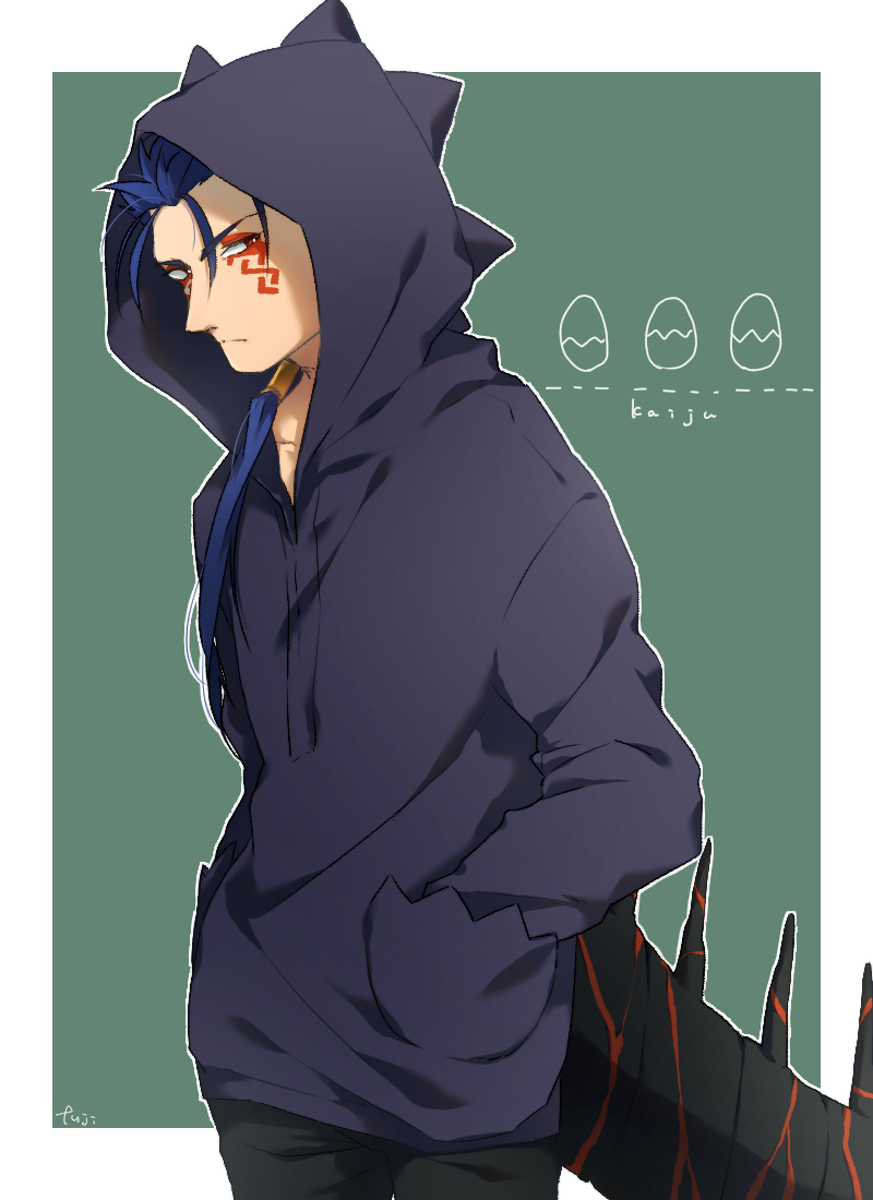 1boy, alternate_costume, angry, beads, blue_hair, closed_mouth, cu_chulainn_(fate), cu_chulainn_alter_(fate)