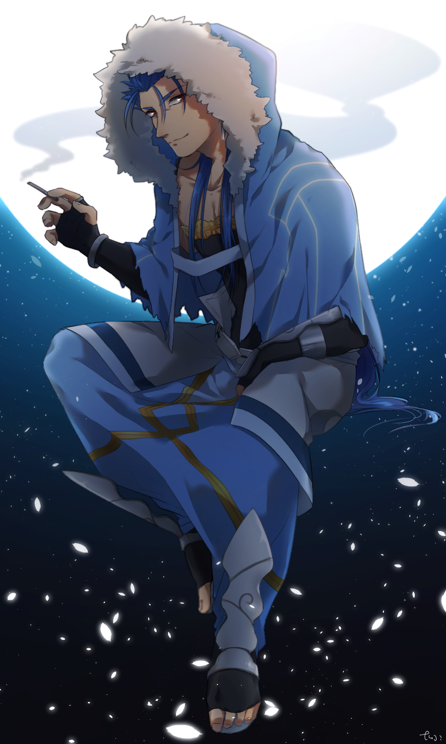1boy, armor, belt, blue_hair, bracelet, capelet, closed_mouth, cu_chulainn_(caster)_(fate)