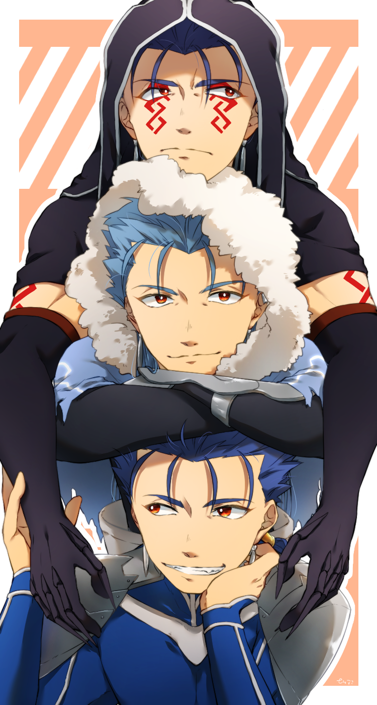 3boys, angry, armor, blue_hair, bodypaint, capelet, closed_mouth, crossed_arms