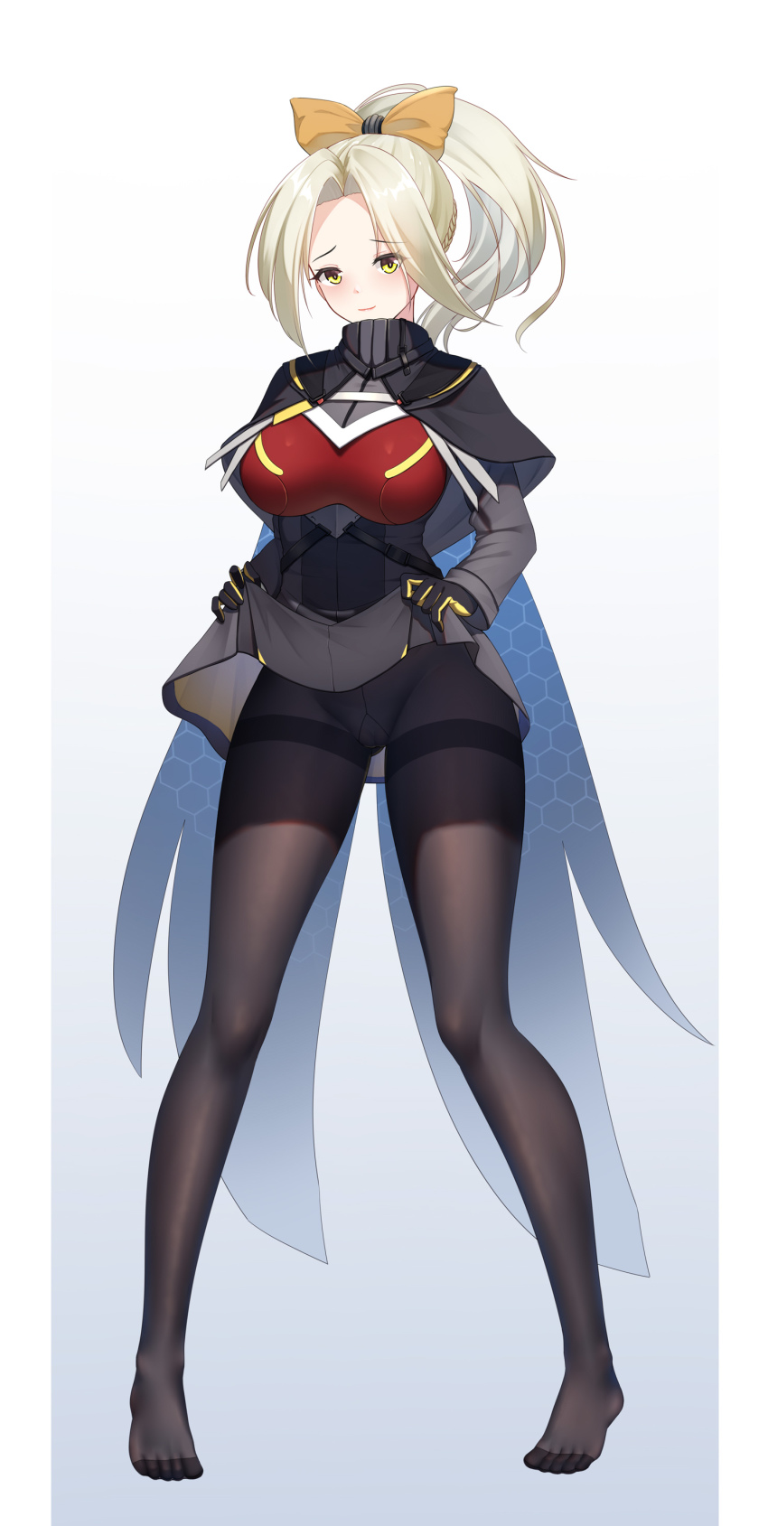 1girl, absurdres, black_pantyhose, clothes_lift, feet, full_body, gloves, gradient_background, highres, laoan, legs, lifting_own_clothes, long_hair, long_sleeves, looking_at_viewer, no_panties, no_shoes, pantyhose, platinum_blonde_hair, ponytail, skirt, skirt_lift, soles, ticonderoga_(warship_girls_r), warship_girls_r, yellow_eyes