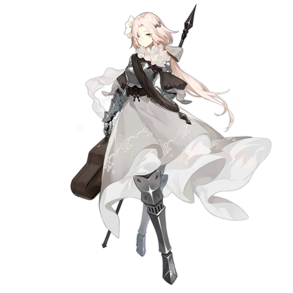 1girl, armor, armored_boots, aug_(girls'_frontline), aug_(requiem_array)_(girls'_frontline), boots, breastplate, character_name, closed_mouth, crossed_legs, flower, full_body, gauntlets, girls'_frontline, hair_between_eyes, hair_flower, hair_ornament, hair_ribbon, holding, knight, long_hair, medieval, mole, mole_under_eye, official_alternate_costume, official_art, pink_hair, plate_armor, ribbon, shoulder_armor, smile_(mm-l), solo, transparent_background, watson_cross, white_flower, yellow_eyes
