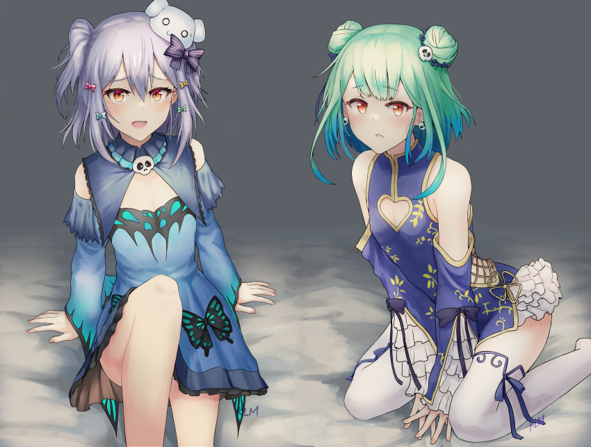 1boy, 1girl, absurdres, arm_support, between_legs, blue_dress, blue_ribbon, blush