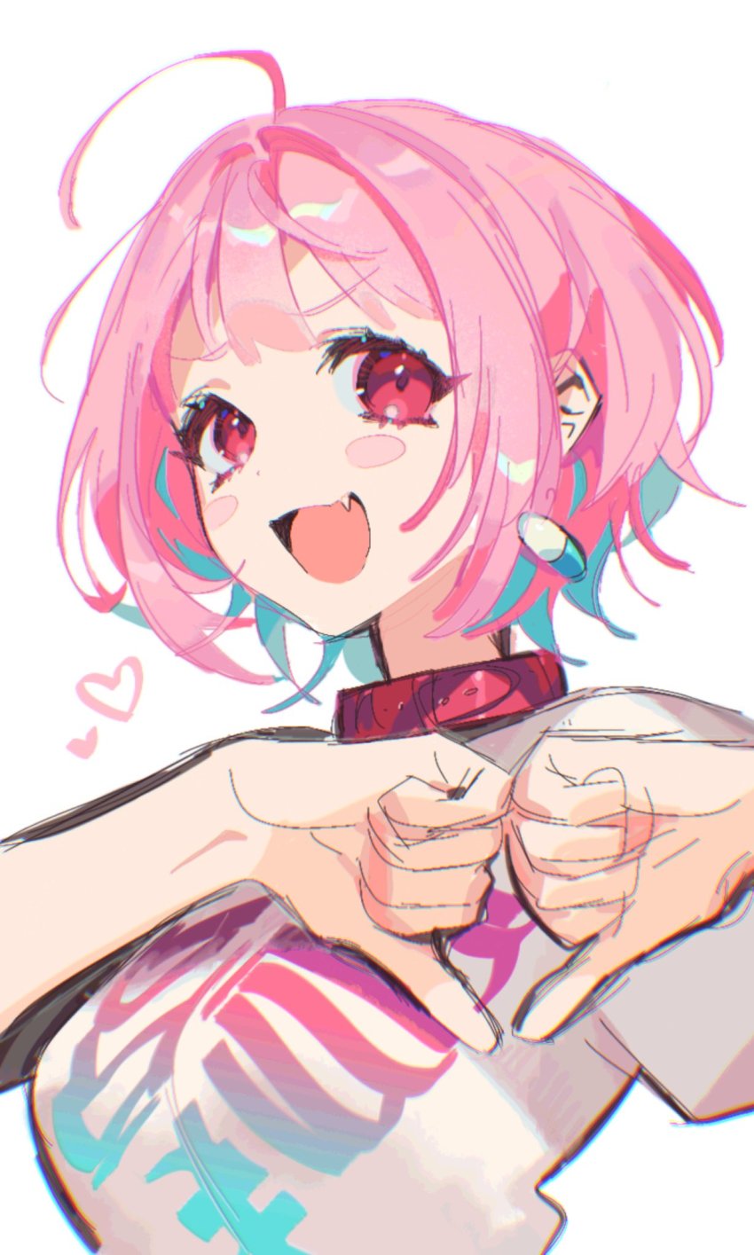 1girl, ahoge, aqua_hair, blush_stickers, breasts, collar, double_thumbs_down, earrings