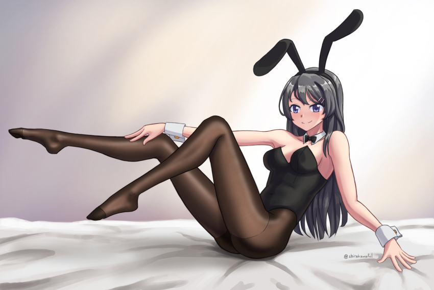 1girl, animal_ears, black_bow, black_bowtie, black_hair, black_leotard, black_pantyhose, bow