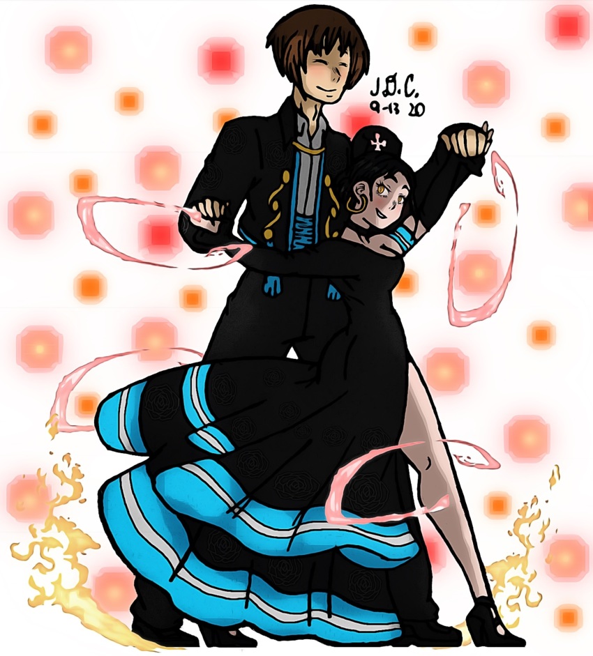 1boy, 1girl, black_dress, black_hair, breasts, brown_hair, cleavage, closed_eyes