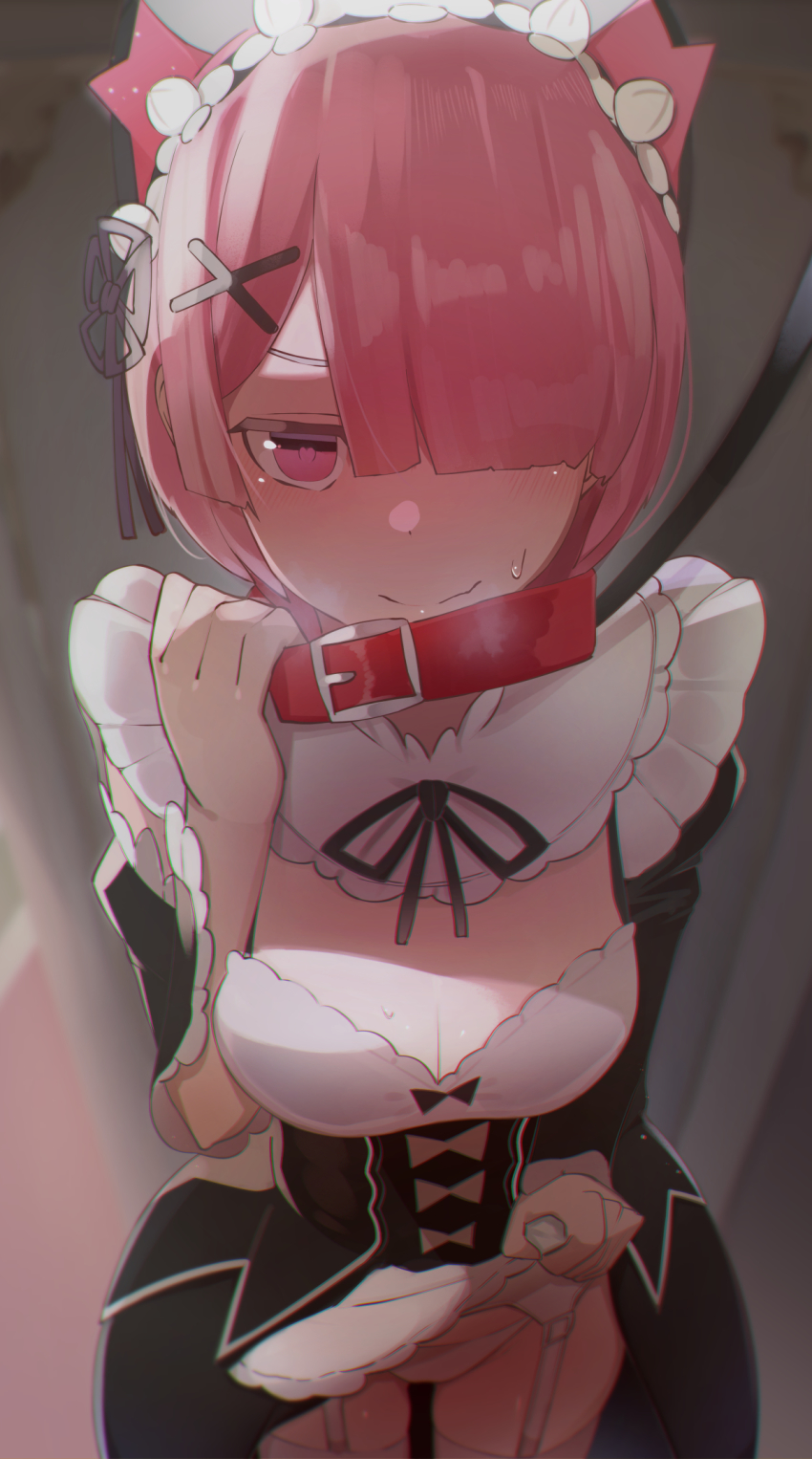 1girl, blush, breasts, cleavage, closed_mouth, clothes_lift, collar, detached_sleeves, dress, dress_lift, female_focus, garter_straps, hair_ornament, hair_over_one_eye, has_bad_revision, has_downscaled_revision, highres, leash, lifting_own_clothes, looking_at_viewer, maid, maid_headdress, matching_hair/eyes, md5_mismatch, medium_breasts, panties, pantyshot, pink_eyes, pink_hair, ram_(re:zero), re:zero_kara_hajimeru_isekai_seikatsu, red_collar, resolution_mismatch, short_hair, skirt, skirt_lift, solo, source_smaller, tostos, underwear, upskirt, viewer_holding_leash, white_panties, x_hair_ornament