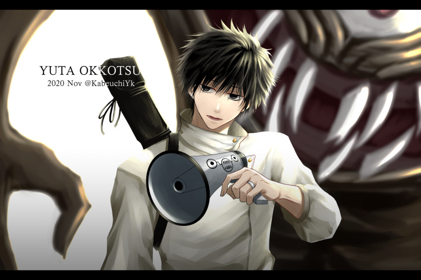 1boy, black_border, black_eyes, black_hair, border, character_name, dated, fangs