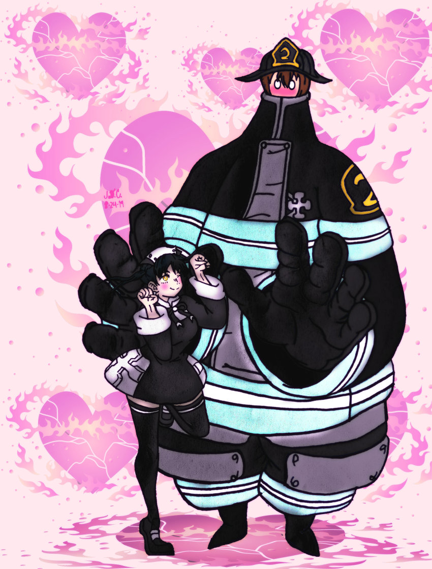 1boy, 1girl, absurdres, black_dress, black_hair, blush, breasts, brown_hair