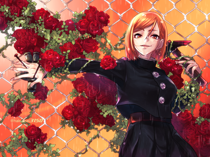 1girl, aizawa_(nh_st), belt, black_jacket, black_skirt, brown_belt, brown_eyes, brown_hair, buttons, chain-link_fence, cowboy_shot, fence, flower, hair_between_eyes, hair_strand, hammer, hands_up, holding, holding_hammer, holding_nail, jacket, jujutsu_kaisen, kugisaki_nobara, long_sleeves, looking_at_viewer, nail_(hardware), open_mouth, outdoors, parted_bangs, plant, pleated_skirt, rain, rose, school_uniform, skirt, smile, solo, straw_doll, twitter_username, vines, weapon, wet_face