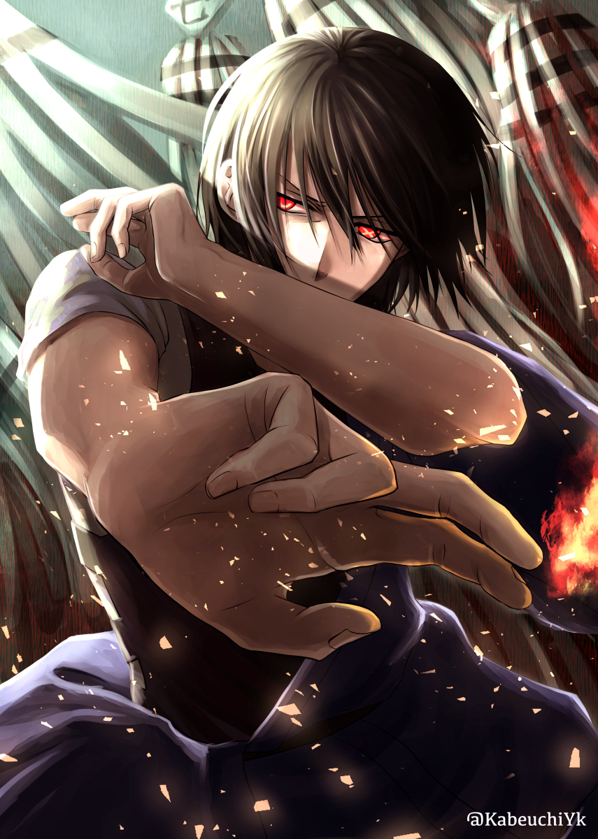 1boy, arm_up, black_hair, black_vest, blue_kimono, embers, en'en_no_shouboutai, fighting_stance
