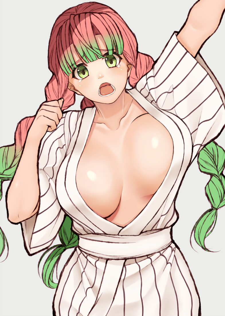 1girl, arm_up, bad_id, bad_twitter_id, blush, breasts, breasts_apart, center_opening