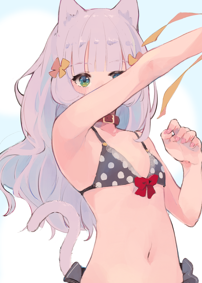 1girl, animal_ears, armpits, bikini, bra, cat_ears, cat_girl, cat_tail, collar, leoharju, long_hair, nail_polish, navel, original, polka_dot, polka_dot_bikini, solo, swimsuit, tail, underwear