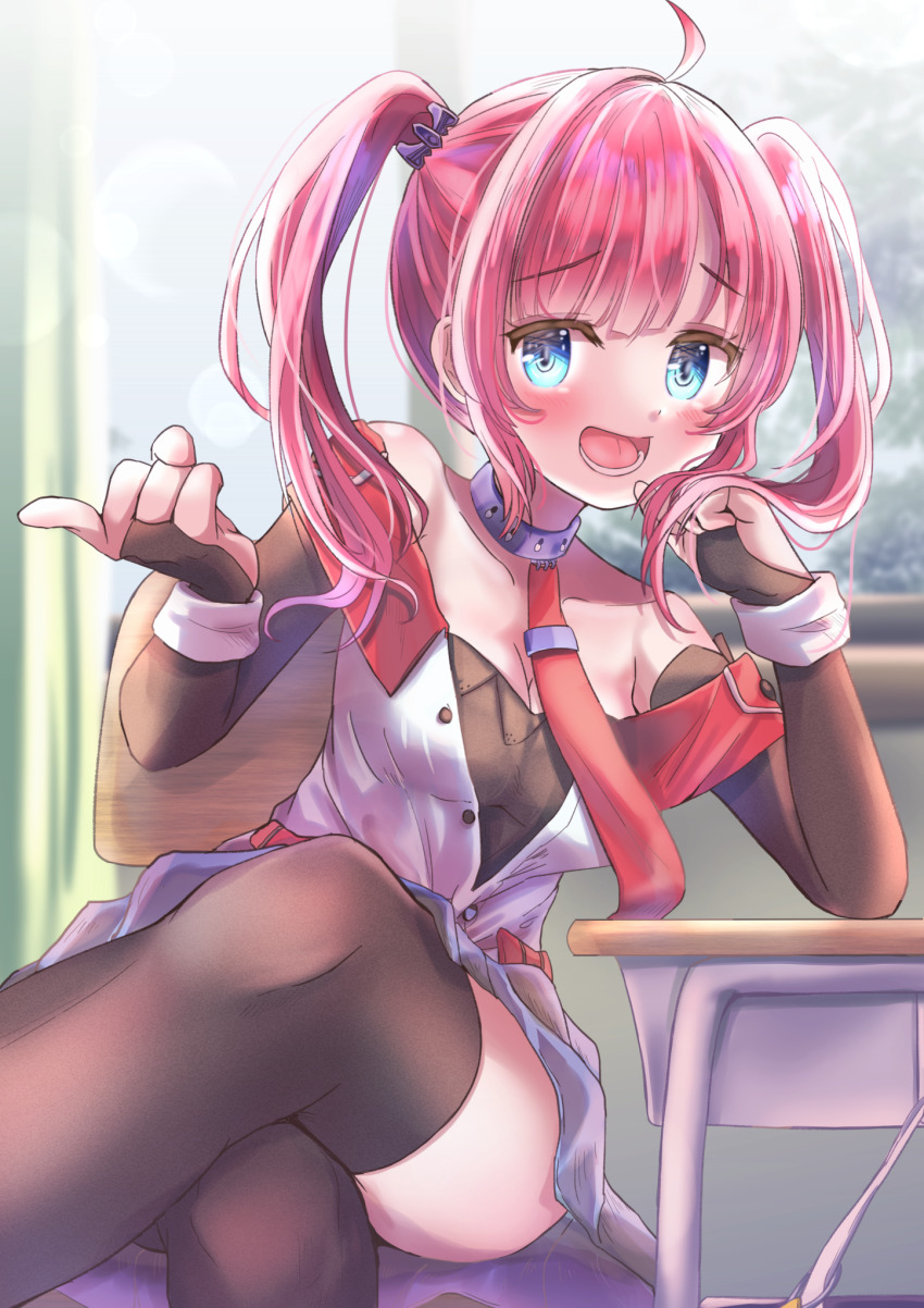 1girl, :d, ahoge, azur_lane, bag, bare_shoulders, black_thighhighs, blue_eyes