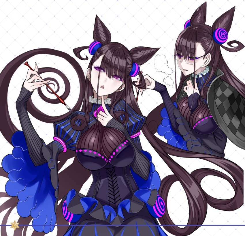 1girl, arm_between_breasts, between_breasts, breasts, brown_hair, brush, collar, cone_hair_bun, dress, fate/grand_order, fate_(series), finger_to_own_chin, frilled_collar, frills, glasses, hair_bun, heavy_breathing, honjou_raita, large_breasts, long_hair, looking_afar, looking_away, looking_to_the_side, looking_up, multiple_views, murasaki_shikibu_(fate), murasaki_shikibu_(first_ascension)_(fate), murasaki_shikibu_(second_ascension)_(fate), pinstripe_pattern, puffy_sleeves, purple_eyes, striped, very_long_hair, wide_sleeves