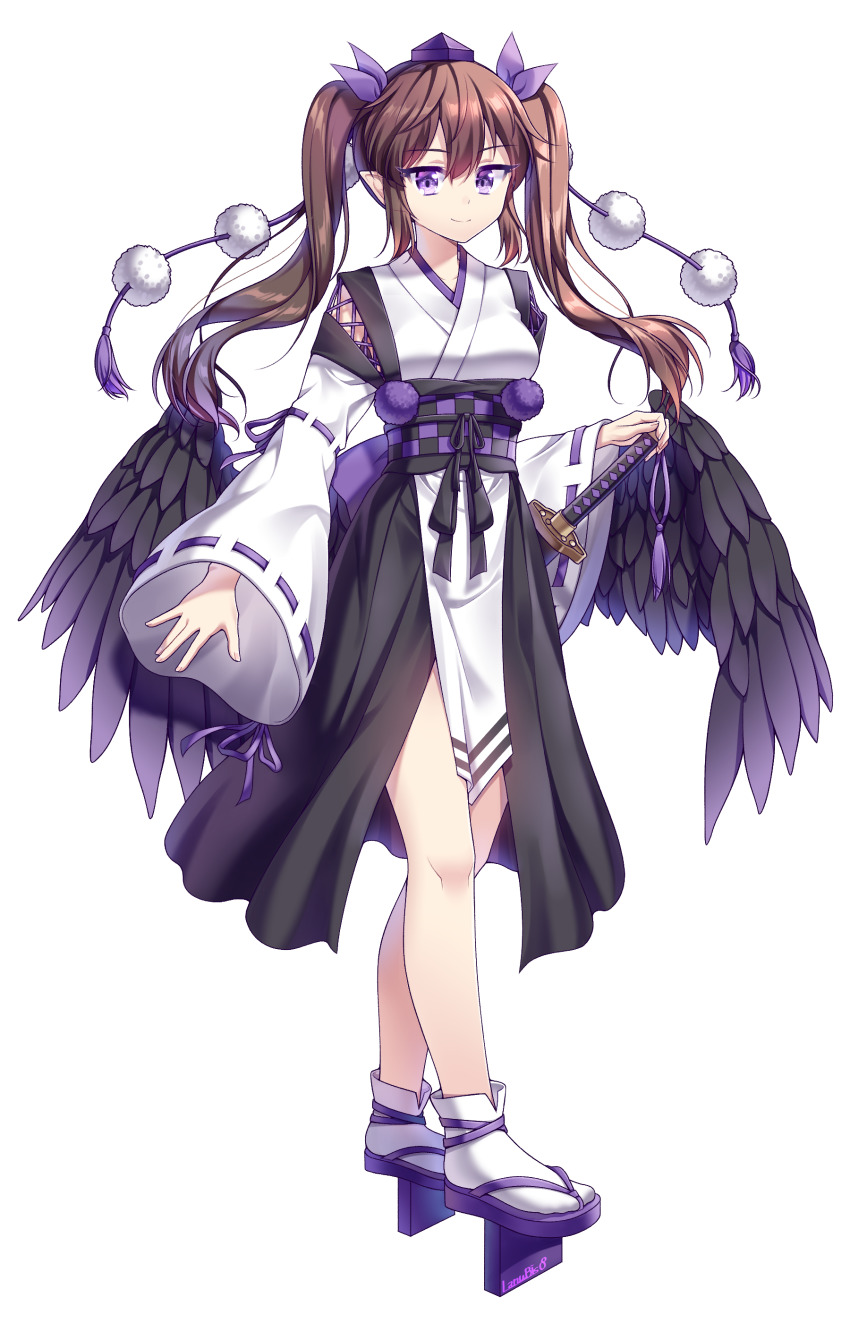 1girl, absurdres, bird_wings, black_wings, brown_hair, checkered_sash, closed_mouth, feathered_wings