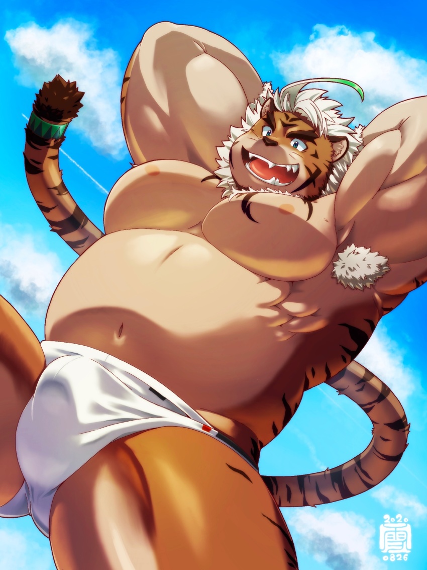 1boy, ahoge, animal_ears, armpit_hair, armpits, arms_behind_head, bara, bare_pectorals, belly, biceps, blue_eyes, bulge, chest_tattoo, fat, fat_man, forked_eyebrows, furry, furry_male, gluteal_fold, highres, hombre_tigre_(housamo), large_pectorals, male_focus, male_swimwear, multicolored_fur, muscular, natsume_yukimushi, navel, nipples, pectorals, sharp_teeth, short_hair, smile, solo, spread_legs, swim_briefs, swimsuit, tail, tail_raised, tattoo, teeth, thick_eyebrows, thick_thighs, thighs, tiger_boy, tiger_ears, tiger_tail, tokyo_houkago_summoners, tongue, topless_male, white_hair, white_male_swimwear, white_swim_briefs