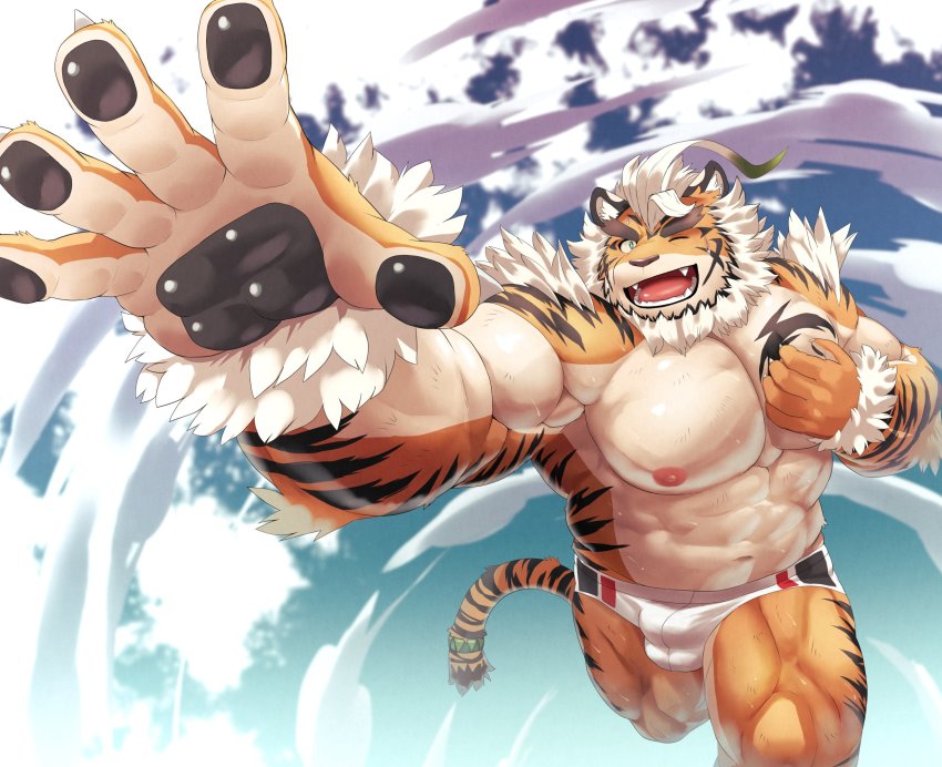 1boy, abs, ahoge, animal_ears, bara, bare_pectorals, belly, blue_eyes, bulge, chest_tattoo, feet_out_of_frame, fingernails, foreshortening, forked_eyebrows, furry, furry_male, fute_(mti777), hand_on_own_chest, highres, hombre_tigre_(housamo), large_pectorals, male_focus, male_swimwear, muscular, muscular_legs, navel, nipples, one_eye_closed, open_hand, pectorals, sharp_fingernails, short_hair, smile, solo, swim_briefs, swimsuit, tail, tattoo, thick_eyebrows, thighs, tiger_boy, tiger_ears, tiger_tail, tokyo_houkago_summoners, topless_male, white_hair, white_male_swimwear, white_swim_briefs