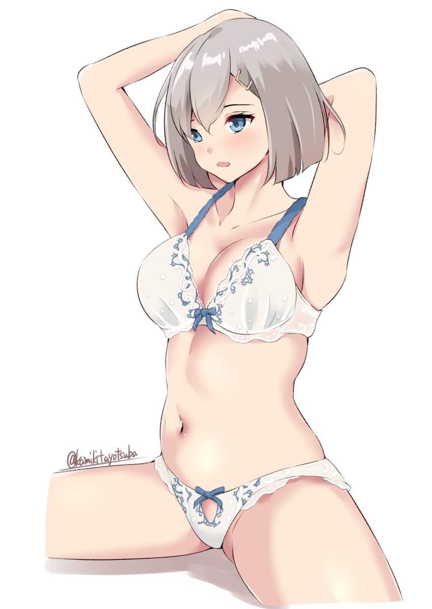 1girl, arms_behind_head, blue_eyes, bra, breasts, cleavage, cowboy_shot, cropped_legs