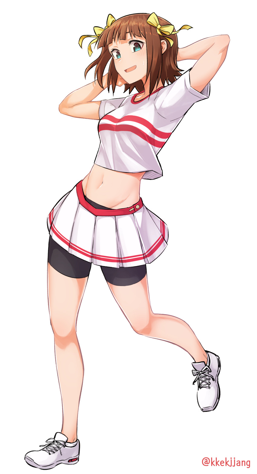 1girl, :d, absurdres, amami_haruka, bare_arms, bike_shorts, blue_eyes, bow