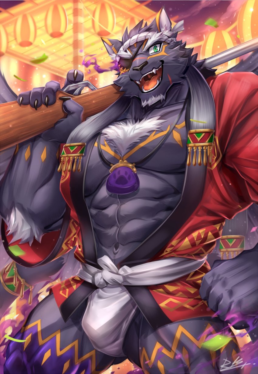 1boy, abs, alternate_costume, animal_ears, bara, bare_pectorals, bulge, chest_hair