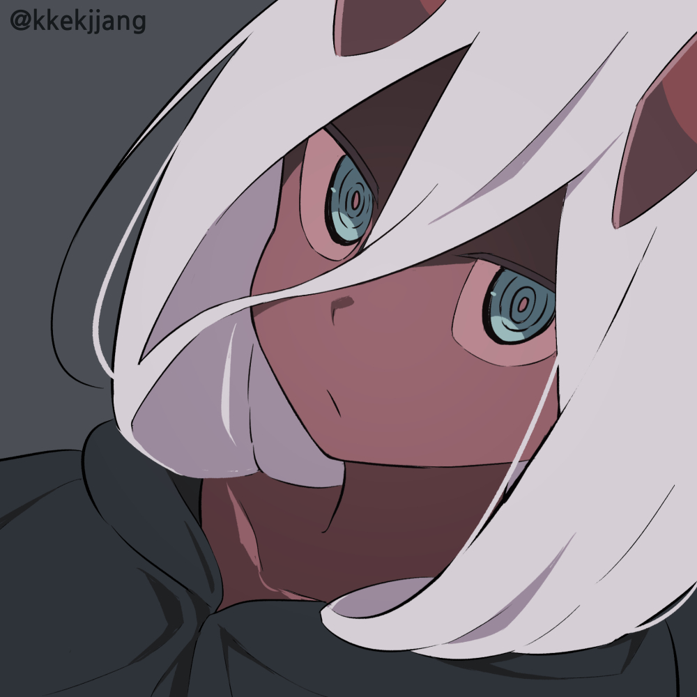 1girl, :/, blue_eyes, bright_pupils, cloak, closed_mouth, colored_skin, commentary